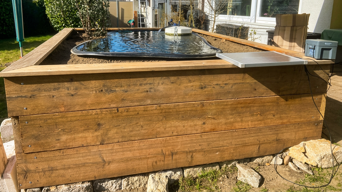Fertig gestalteter Gartenteich mit Naturstein